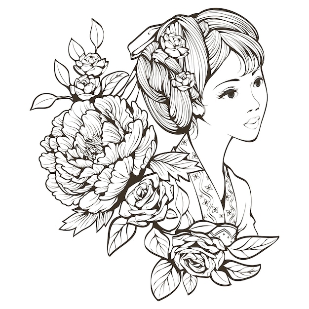 Premium Vector Ancient Chinese Girl And Flowers Line Art