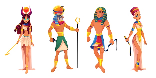 Free Vector Ancient Egypt Gods And Rulers Hathor Ra Pharaoh Nefertiti Egyptian Deities King And Queen With Religion Attributes