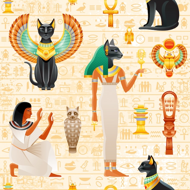 プレミアムベクター 古代エジプトのシームレスなパターン 猫バステット の女神 古いファラオシンボルの背景 スカラベの羽と金のネックレス 奴隷 瘻孔を持つ黒い猫