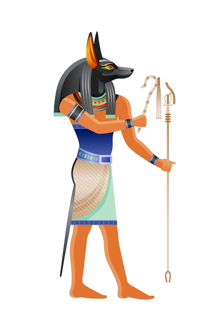 古代エジプトの神アヌビス 犬の頭を持つ神 古いアートスタイルの漫画イラスト プレミアムベクター