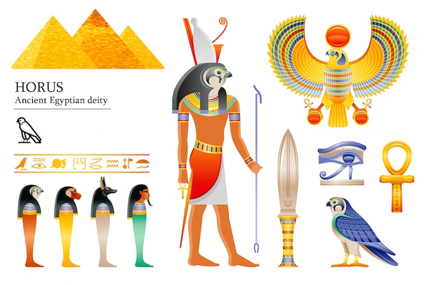 古代エジプトの神ホルスのアイコンを設定します 鷹の神 ピラミッド 短剣 鳥 アンク ホルスの4人の息子 樹冠 象形文字 プレミアムベクター