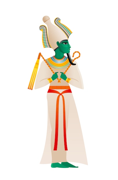 古代エジプトの神 オシリス神 アテフクラウンと緑の肌の死と再生の領主 古いアートスタイルの漫画イラスト プレミアムベクター