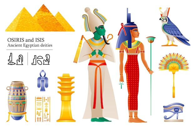고대 이집트의 신 파라오 오시리스 여신 이시스 아이콘 세트 부채 꽃병 Djed 기둥 매듭 Deity Horus