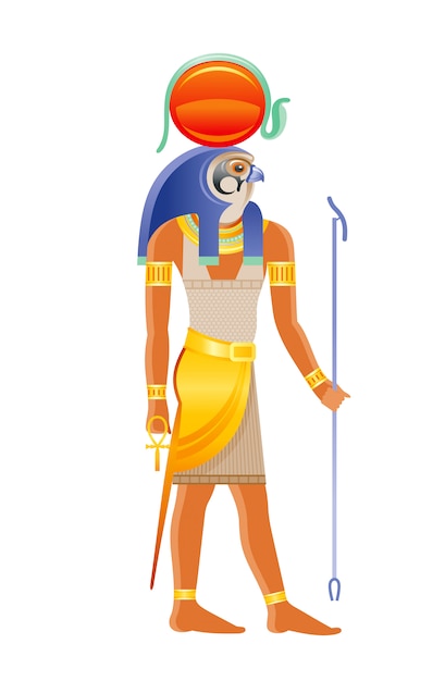 Premium Vector | Ancient egyptian god ra. deity of the sun with falcon  head, sun disk cobra decoration. cartoon illustration in old art style.