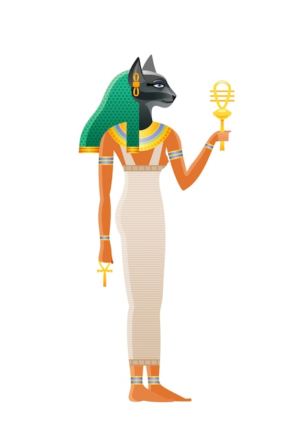 プレミアムベクター 古代エジプトの女神バステト 猫の頭を持つ神 古いアートスタイルの漫画イラスト
