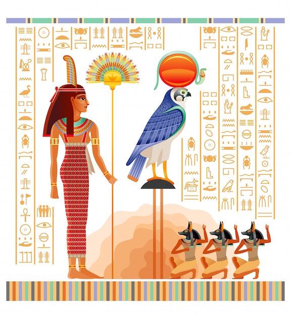 ルクソールのナフトの墓からのイラストが描かれた古代エジプトのパピルス 来世ドゥア ラー神 アヌビス マートの女神 プレミアムベクター