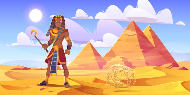 Ancient egyptian pharaoh with rod in desert with pyramids. vector ...