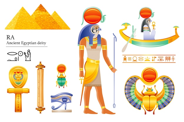 古代エジプトの太陽神raアイコンセット 鷹の神 太陽の円盤 バーク スカラベ パピルス巻物 アンク 目 3 D漫画イラスト プレミアムベクター