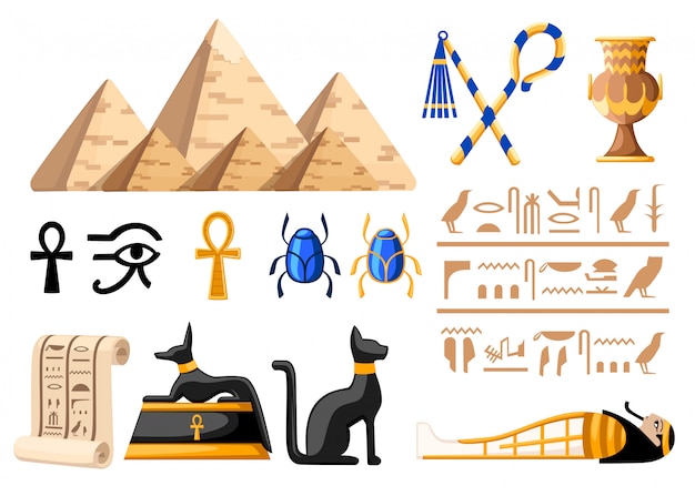 古代エジプトのシンボルと装飾エジプトアイコンイラスト白い背景のwebサイトページとモバイルアプリ プレミアムベクター