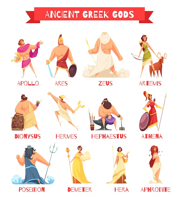 Ancient Greek Gods 12 Strip Cartoon Figures Set With Zeus Poseidon