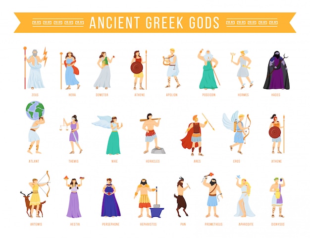 古代ギリシャのパンテオンの神々と女神フラットベクトルイラストセット タイタンとヒーロー 神話 オリンピアの神々 神話の人物 孤立した漫画のキャラクター プレミアムベクター