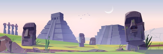 イースター島の古代マヤのピラミッドとモアイ像 無料のベクター