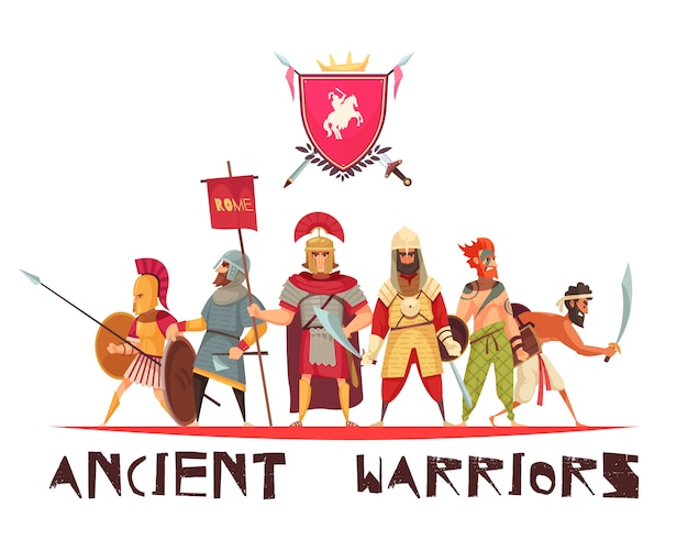 Ancient warriors with weapons and flags flat | Free Vector