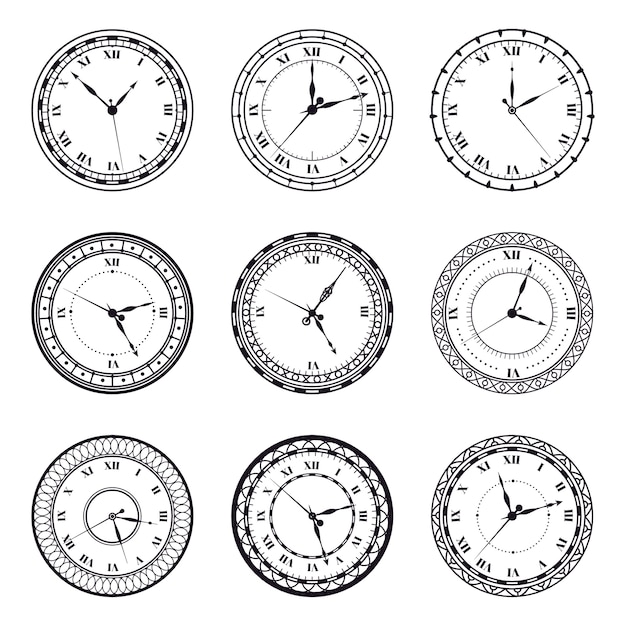 古代の時計の顔 ビンテージアンティーク時計 アンティークの時間の丸い時計 ローマ数字のタイマー時計イラストシンボルセット ローマ数字のタイムウォッチウォール プレミアムベクター