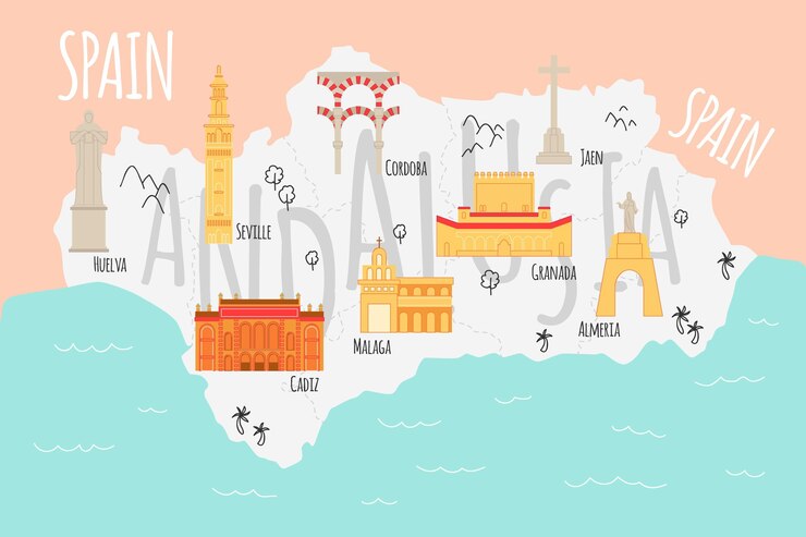 Free Vector Andalusia Map With Interesting Landmarks 7673