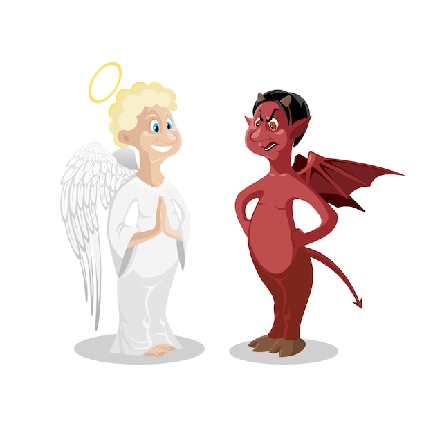 天使と悪魔は白い背景で隔離 妖精の良い 悪いキャラクターと漫画の象徴的なイラスト 地獄と天国のコントラスト 翼のある宗教 善悪 聖天使と悪魔 プレミアムベクター