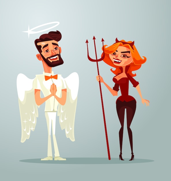 天使の男と悪魔の女のキャラクター プレミアムベクター