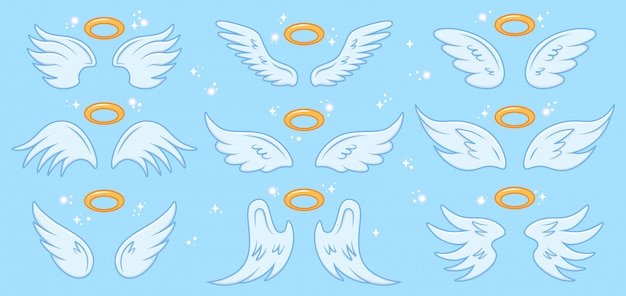 天使の翼 漫画の天使の翼とニンバス 翼のある天使の神聖な記号 天国のエレガントな天使の翼のイラストアイコンセット 天使 神聖なニンバスの翼 シンボルの翼 プレミアムベクター