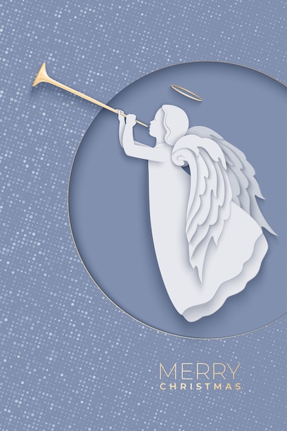 灰色の背景に美しい翼を持つ天使 紙でトランペットを持つ天使の正面シルエットカットシャドウ付きスタイル クリスマス 正月 イースターデザインのイラスト プレミアムベクター