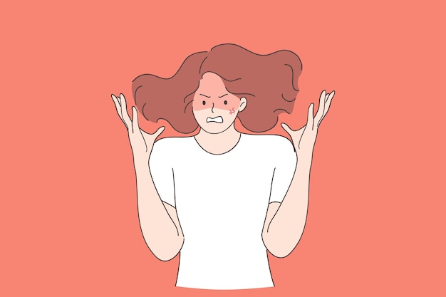 Anger, rage, screaming concept. young mad crazy teen girl cartoon character gesturing with hands and shouting with anger and negative emotions Premium Vector