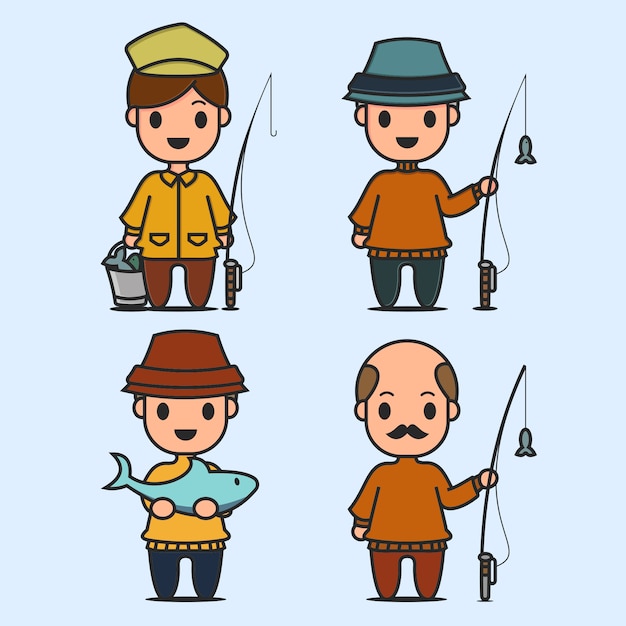 釣り人と魚のキャラクター プレミアムベクター