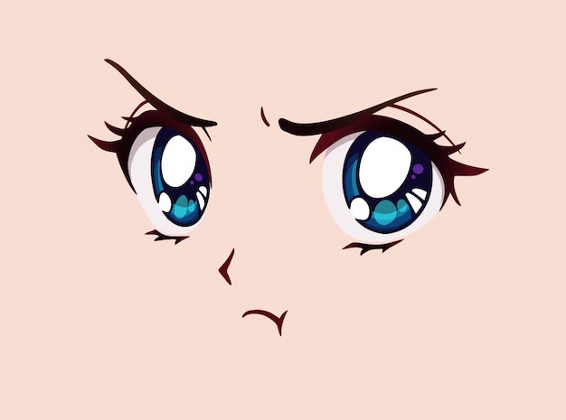 怒っているアニメの顔 マンガ風の大きな青い目 小さな鼻 かわいい口 手描きイラスト プレミアムベクター
