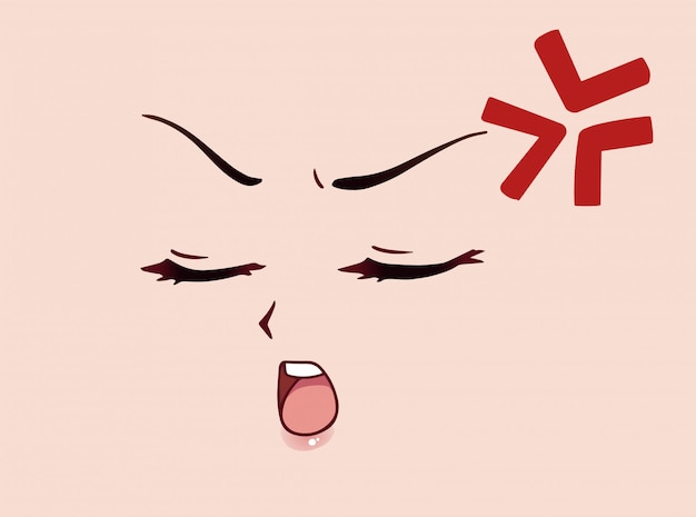 目を閉じて怒っているアニメスタイルの顔 小さな鼻とかわいい口 面白いアニメのシンボル 手描きイラスト プレミアムベクター