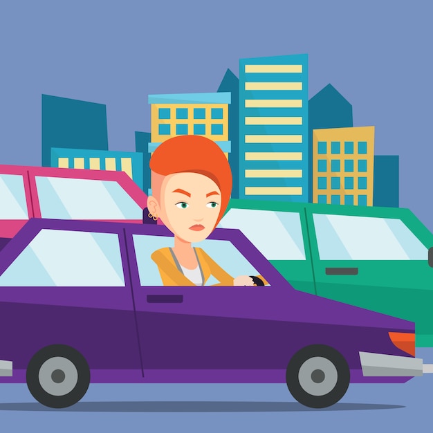 Premium Vector | Angry caucasian woman in car stuck in traffic jam.