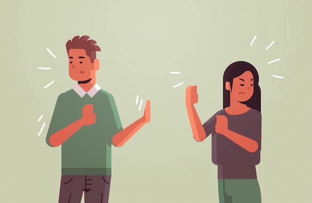 Premium Vector Angry Couple Arguing Blaming Each Other Offended Man Woman Showing Stop Gesture