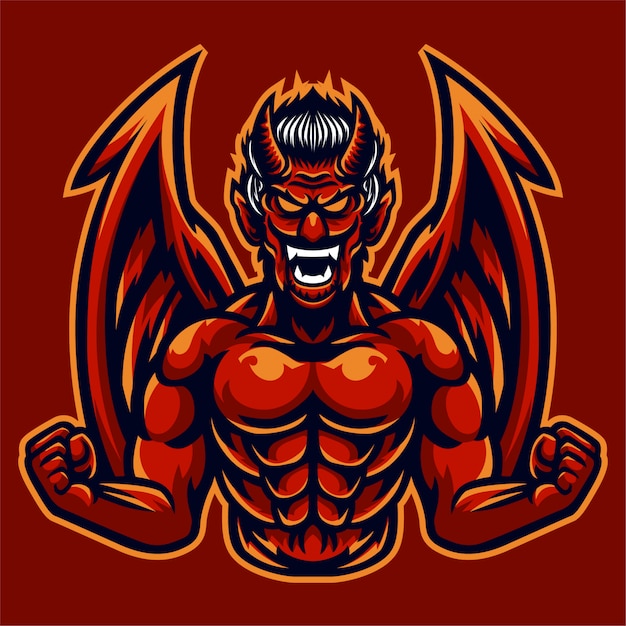 怒っている赤い悪魔の翼のロゴのテンプレート プレミアムベクター
