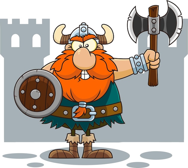 Premium Vector | Angry viking cartoon character with shield holding a ...