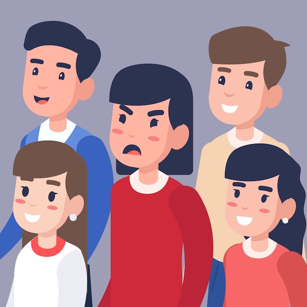 Download Angry woman in a crowd with happy people | Free Vector