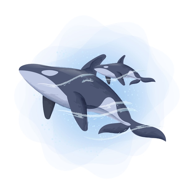 動物の赤ちゃんシャチのクジラと母の水彩イラスト プレミアムベクター