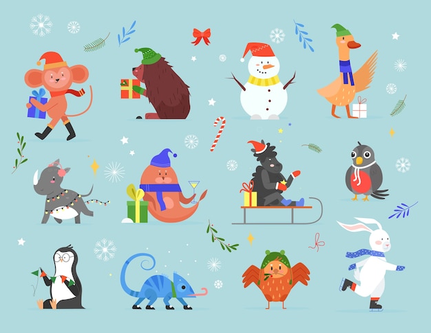 動物はクリスマスのベクトルイラストセット 冬の休日を祝う野生動物の動物のクリスマスのキャラクターと漫画動物園コレクションを祝う プレミアムベクター