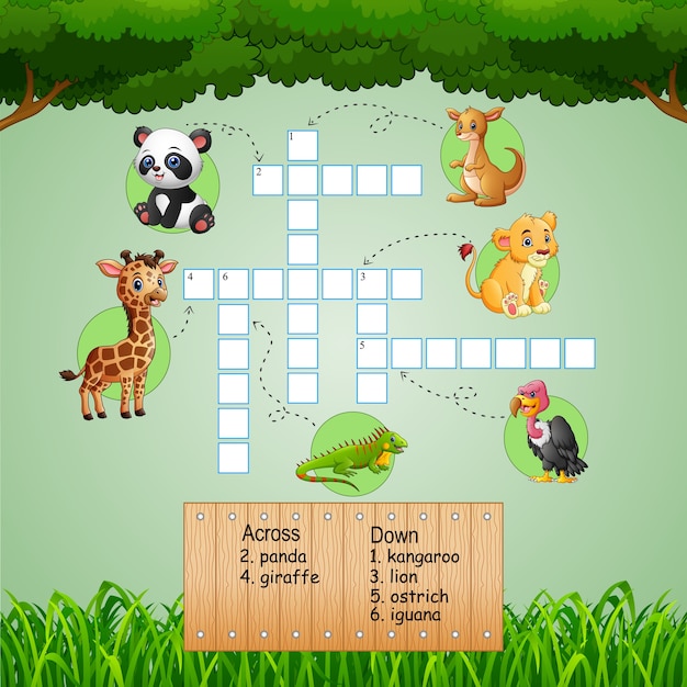 子供向けゲームのアニマルクロスワードパズル プレミアムベクター