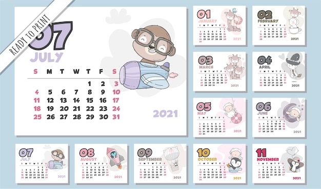 Calendar 2021 Template Premium Vector | Animal cute calendar 2021 template set