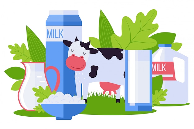 動物農場 環境に優しい乳製品コレクションのイラスト 牛乳パック ボウルにカッテージチーズ ペットの牛 プレミアムベクター
