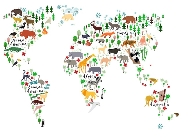 Premium Vector | Animal map of the world for children and kids