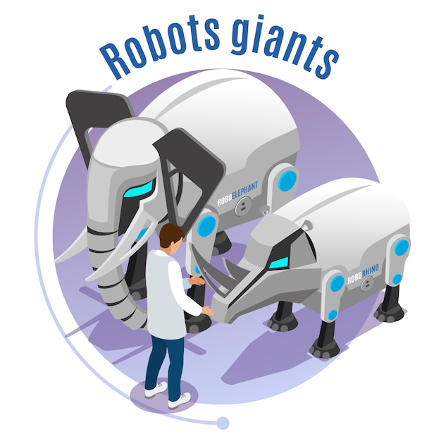 動物ロボットの色とロボットの巨人の説明象とサイのイラストと等尺性のエンブレム 無料のベクター