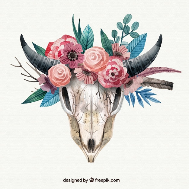 Animal skull with flowers in watercolor\
style