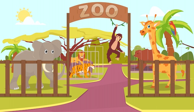 Animals behind fence and zoo sign | Premium Vector