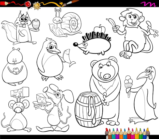 Premium Vector | Animals and food coloring page