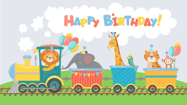 電車のグリーティングカードの動物 お誕生日おめでとうかわいい動物の鉄道車両 プレミアムベクター