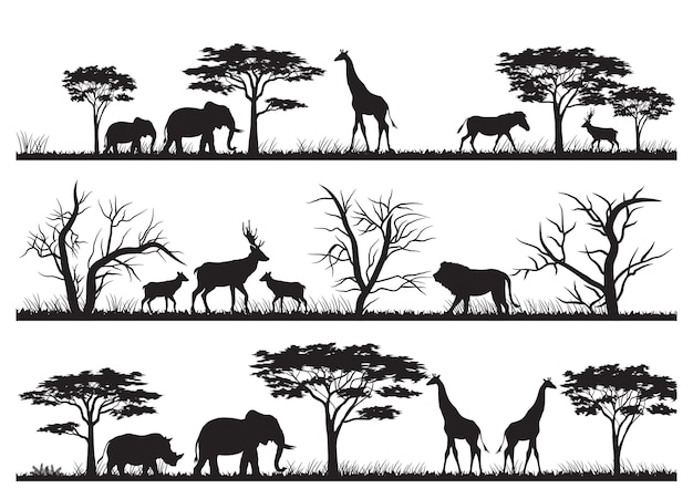 Premium Vector | Animals silhouette at the savannah