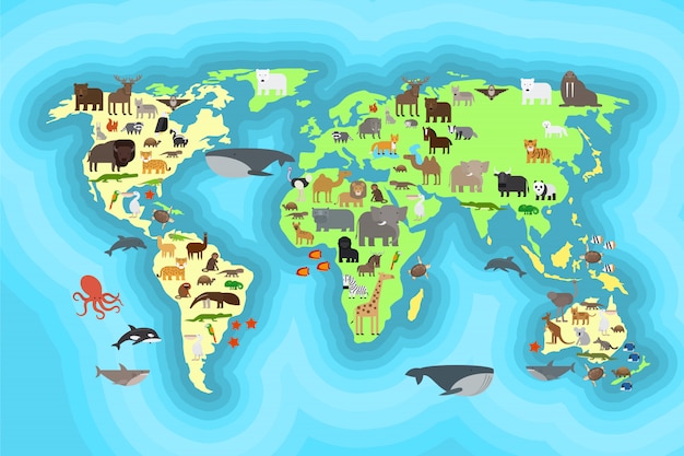 動物の世界地図の壁紙デザイン プレミアムベクター
