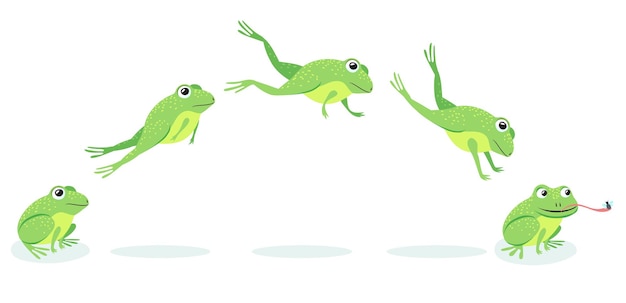 カエルのアニメーション化されたプロセスは シーケンスを飛躍させます 獲物のためにジャンプする漫画のヒキガエル 昆虫のイラストをキャッチ 無料のベクター