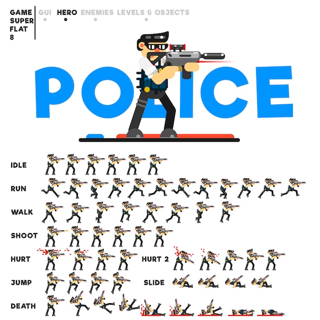 ビデオゲームを作成するためのライフルを持った警察官のアニメーション プレミアムベクター