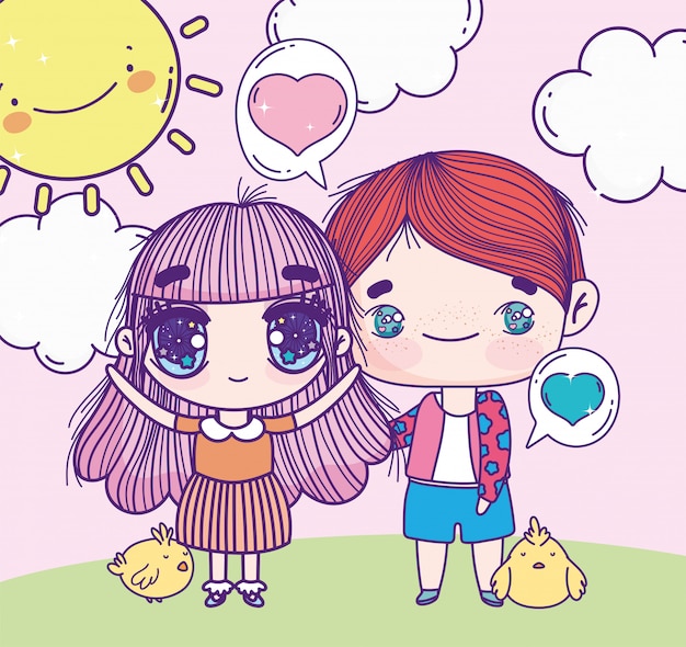 Premium Vector Anime Cute Boy And Girl With Chickens Outdoor