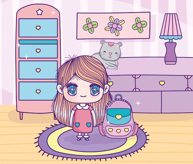 バックパック猫と家具の部屋でアニメのかわいい女の子 プレミアムベクター