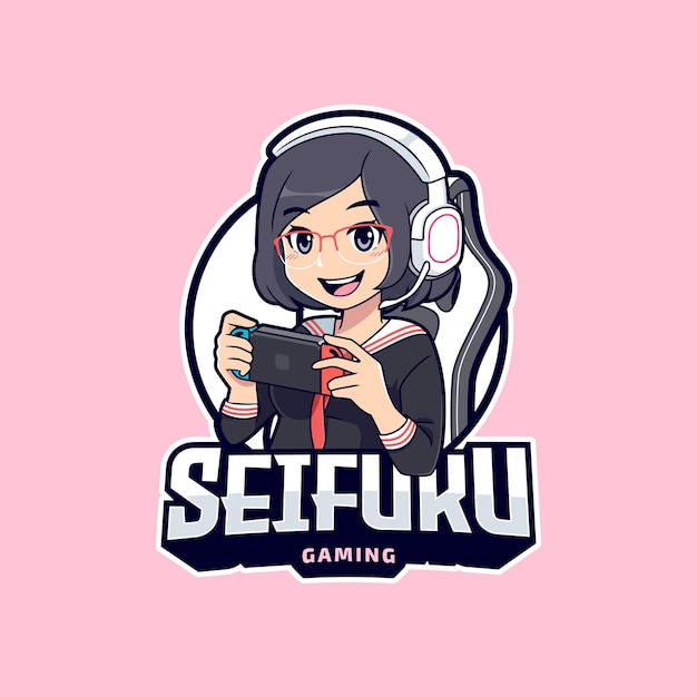 Premium Vector Anime Girl Cartoon Characters Playing Games On Portable Device Esport Logo Template